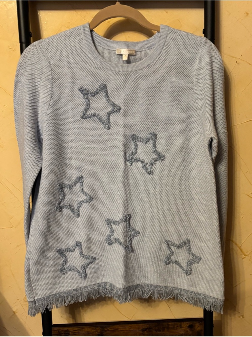 Lisa Todd Light Blue Star Appliqué Fringe Crewneck Sweater